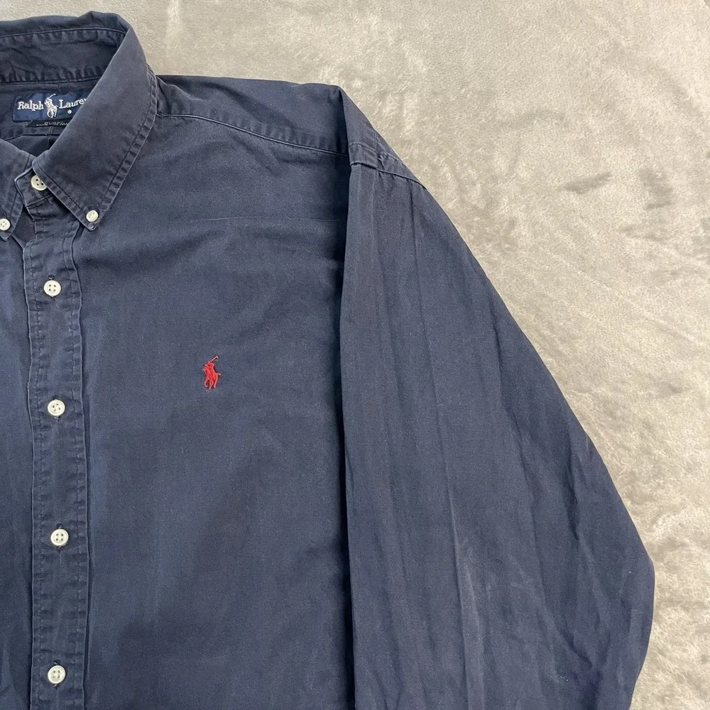 Ralph Lauren Blake Button Front Shirt Navy Logo Mens Large Long Sleeve Cotton